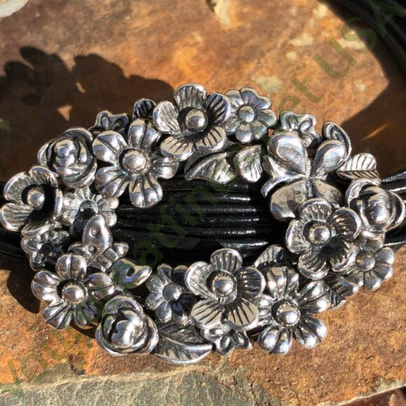 Sterling Silver Floral Buckle Bracelet on Black Leather Cording - Picture 5 of 5